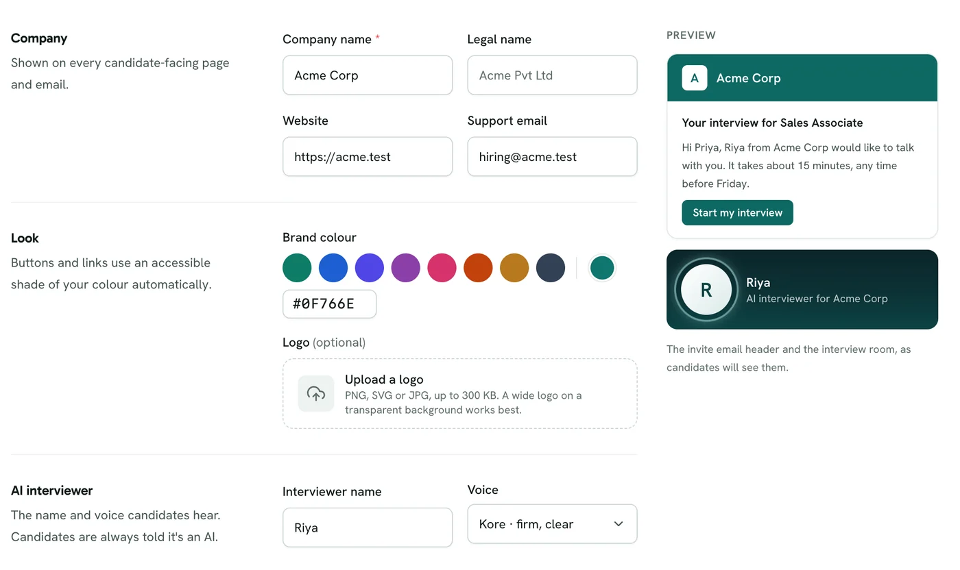 Brand settings: company name, colour, logo and AI interviewer name with a live preview