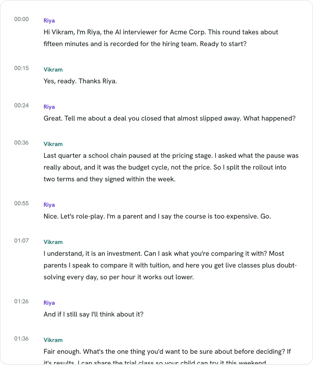 Interview transcript: the AI interviewer and a candidate in a sales role-play